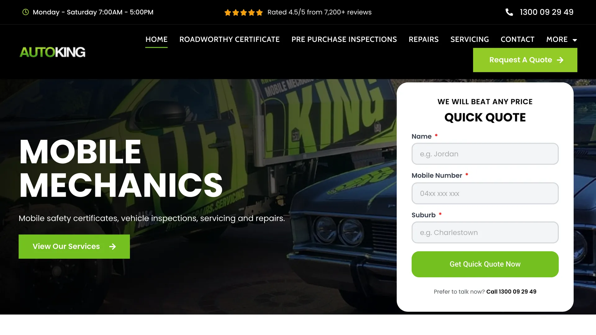 Auto King mobile mechanic website homepage