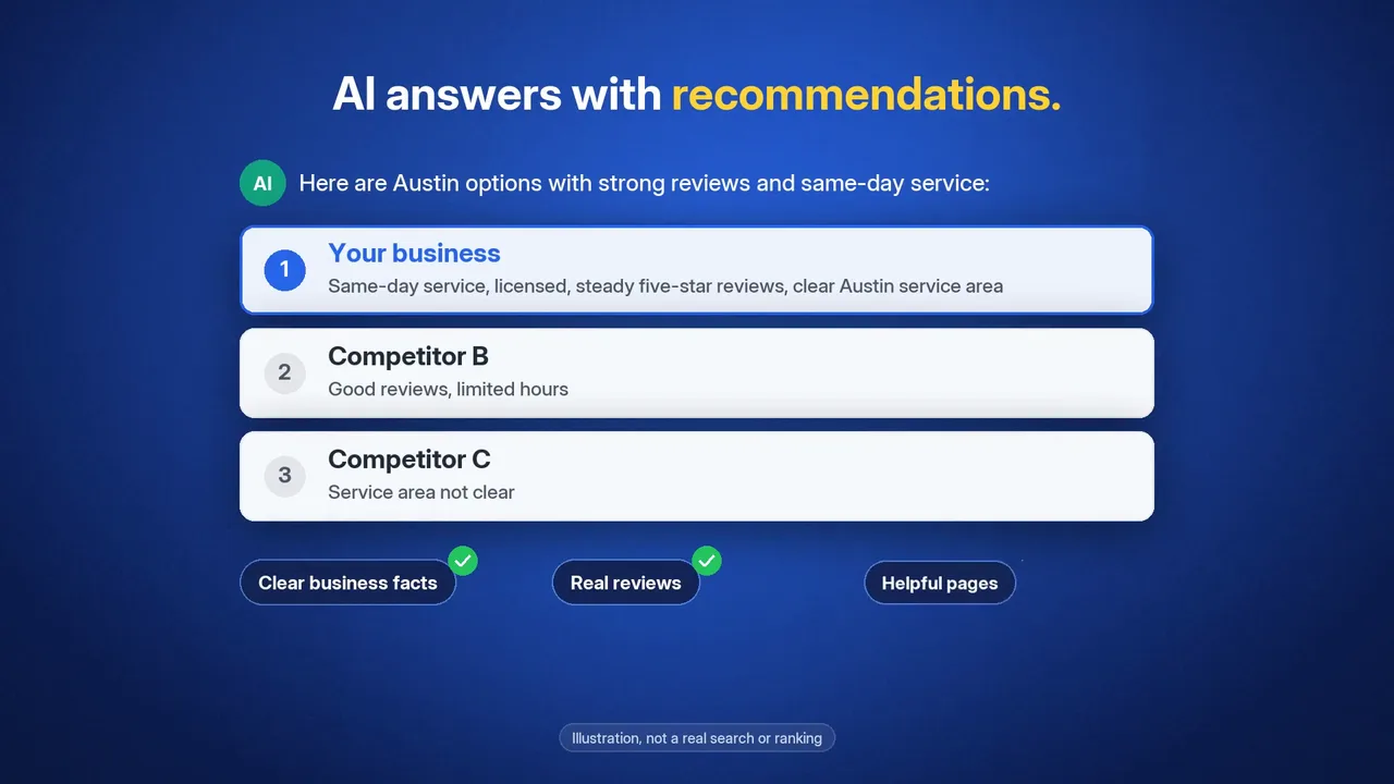 Still from the film: an AI assistant recommending an Austin business