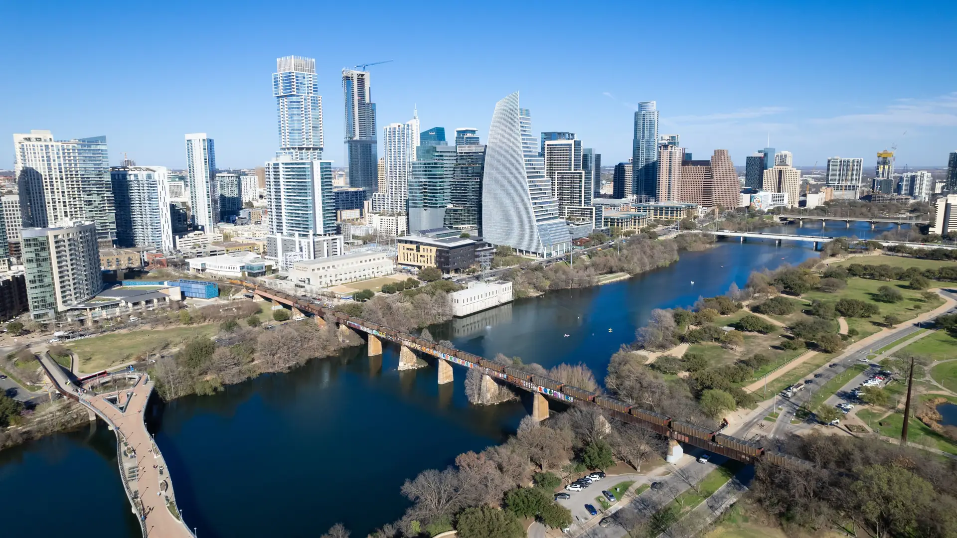 Aerial view of downtown Austin and its bridges