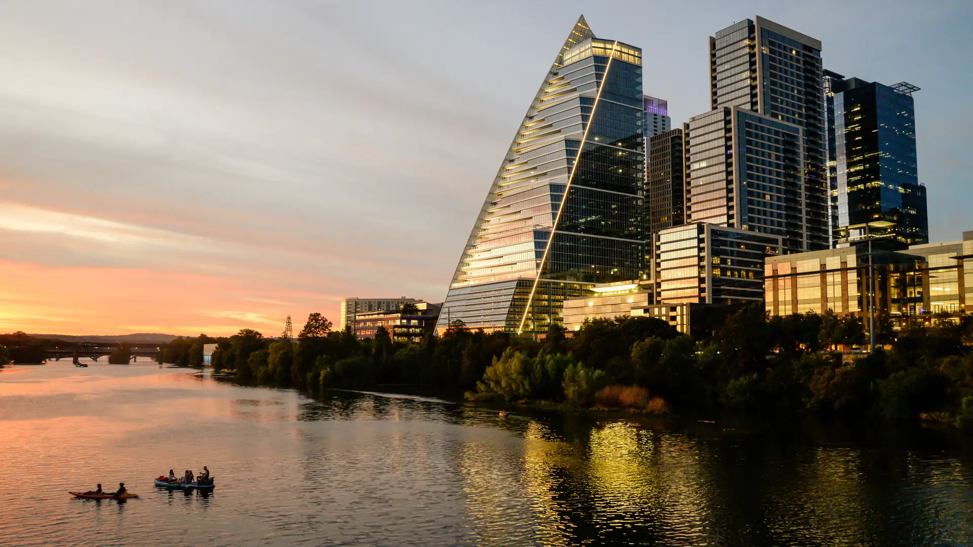 Austin skyline at sunset over Lady Bird Lake