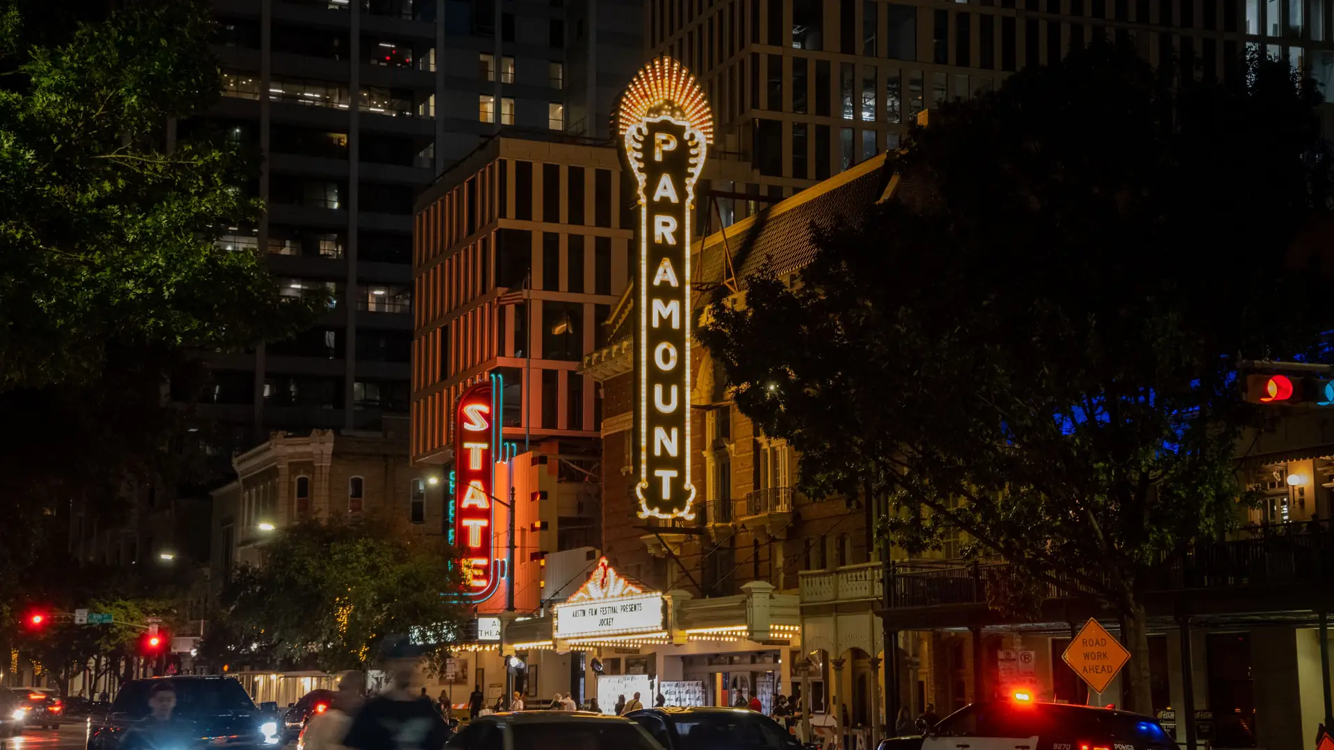 Paramount Theatre marquee on Congress Avenue in Austin at night